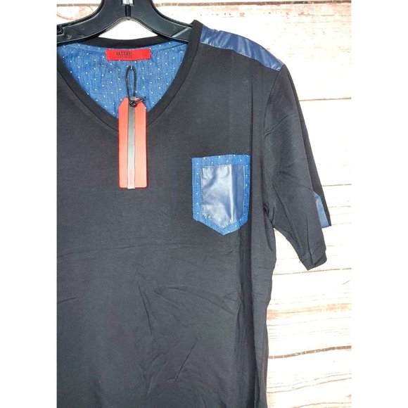 Vassari Los Angeles Black Faux Leather Patch VNeck Designer Short Sleeve Shirt - Picture 3 of 11